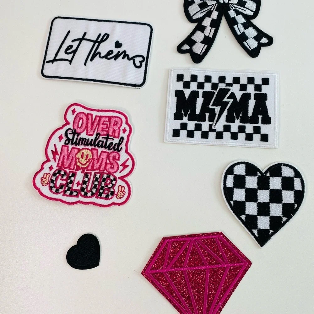 Lot of 7 embroidered patches, mama, checkered heart, let them, bow, diamond